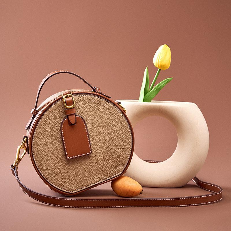 Women's Genuine Leather Bag Versatile Contrast Pebble Pattern Women's Bags Round Bun Bags