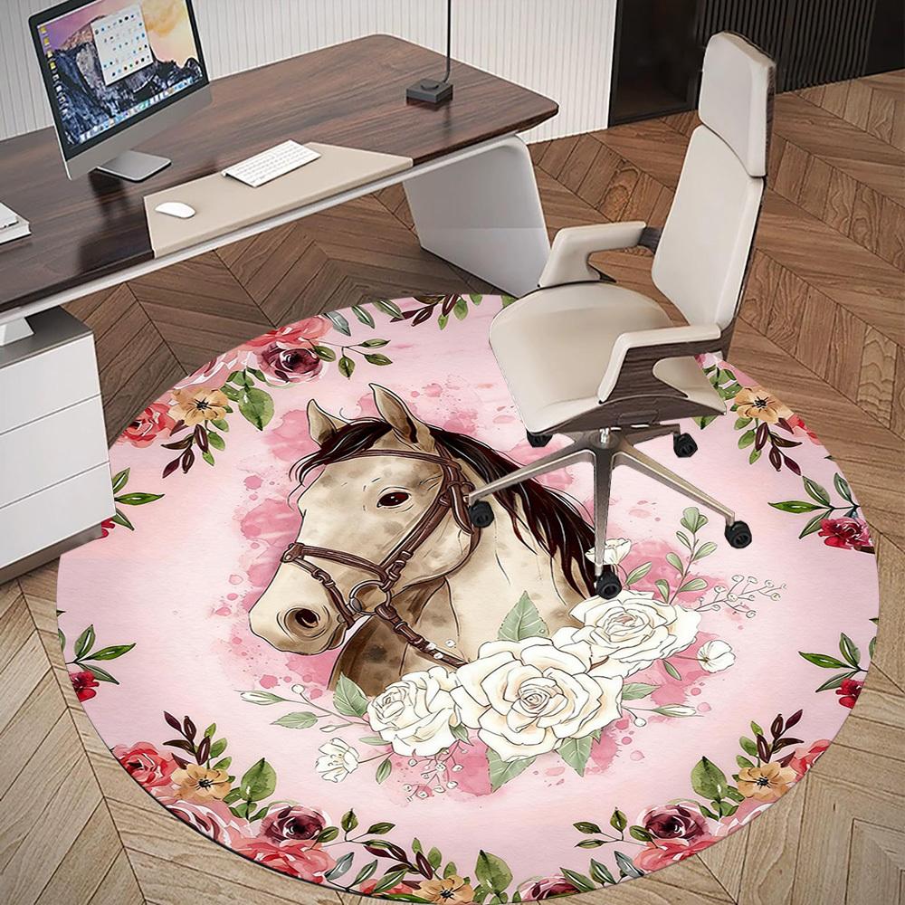 1pc Horse Floral Round Chair mat office Area Rug - Non-Slip, Floor Mat for Office, Bedroom, and Indoor Decor p127230