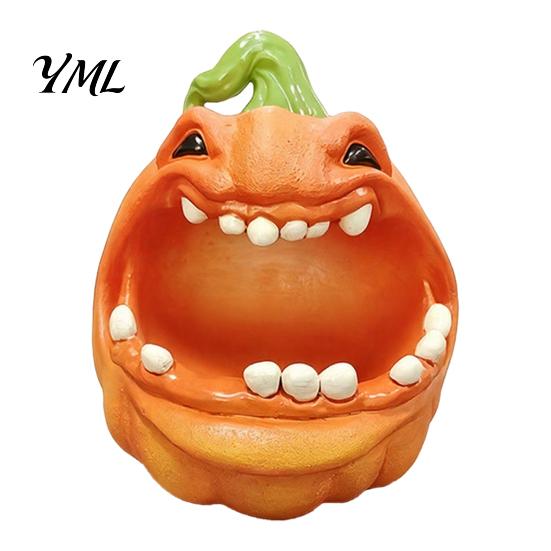Holiday Desk Ornament Big Mouth Pumpkin Storage Box, Halloween Figurine Resin Jewelry Tray, Candy Holder Trinket Keys for Home Office Decor