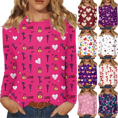 Women's Valentine's Day Fashionable Heart Print Round Neck Long Sleeve Pullover Top