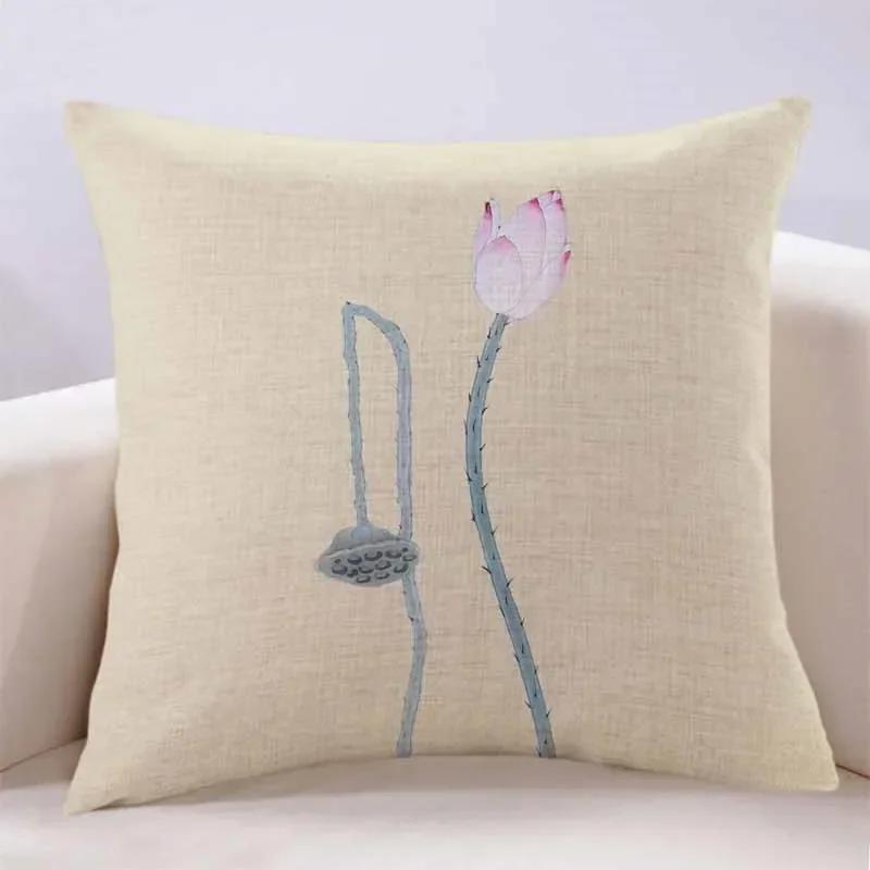 New Lotus Cushion Cover Printed Linen Pillow Cover Chinese Style Home Pillow Cushion Cover Sofa Living Room Beige