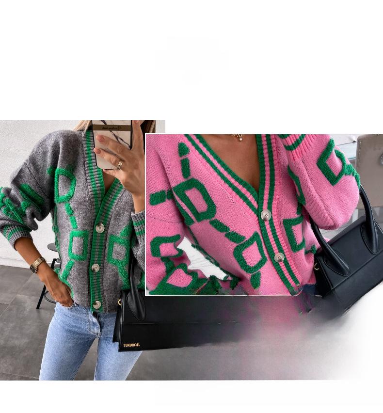 2023 Herbst & Winter Lockere einreihige Strickjacke mit V-Ausschnitt und europäischer und amerikanischer Handtuchstickerei