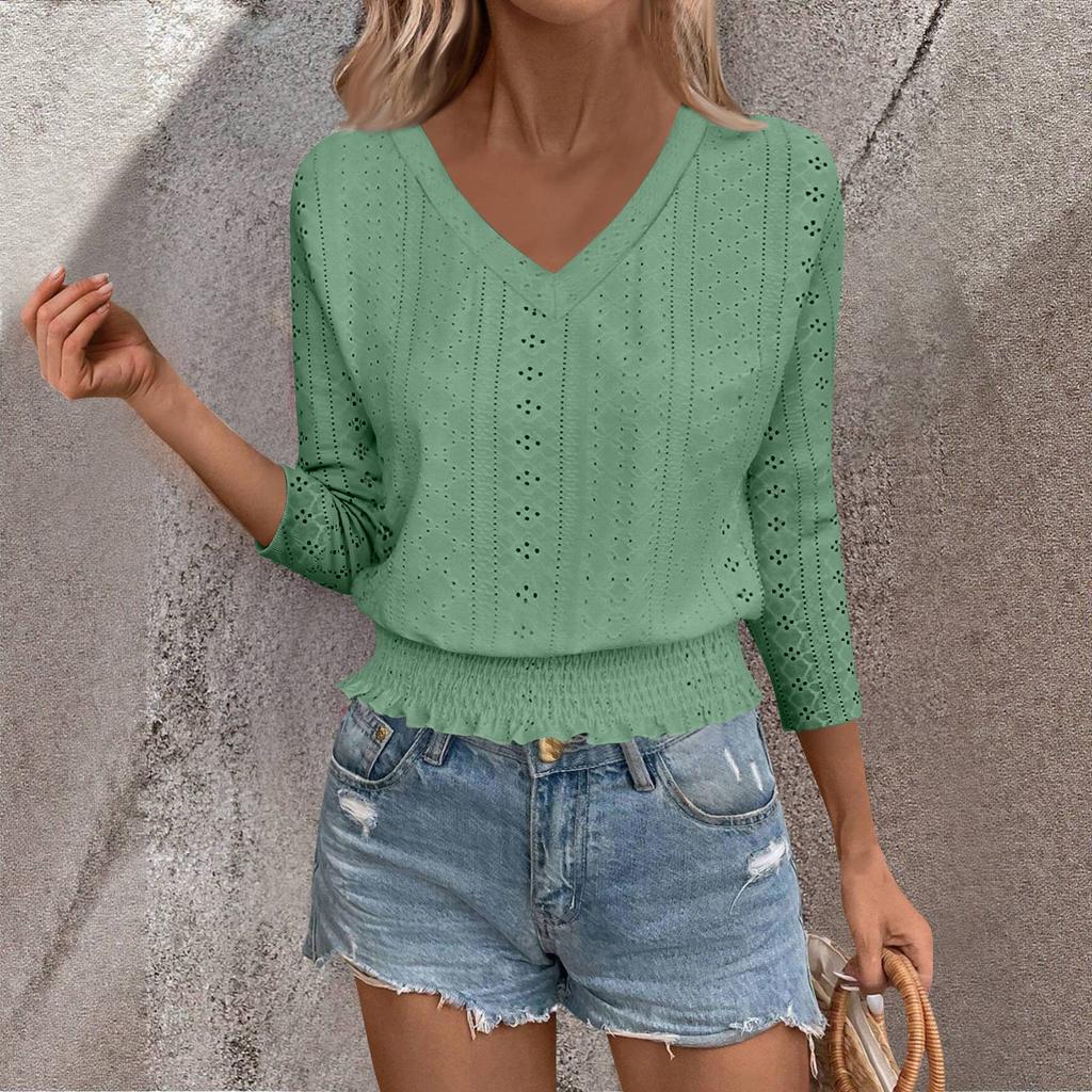 Women's T Shirt Tee -color Fashion Round-neck 3/4 Sleeve Tunic Top