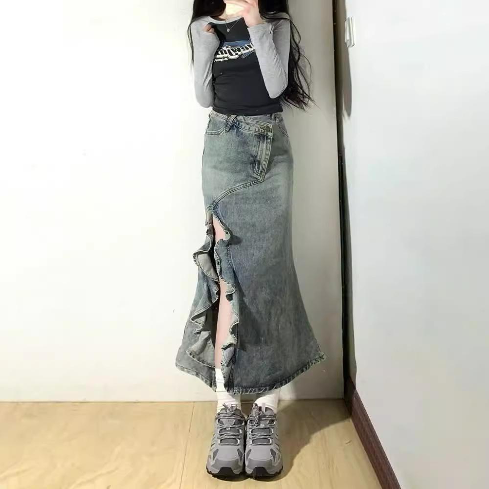 Dámská džínová sukně s vysokým pasem, retro, distressed, rybího střihu