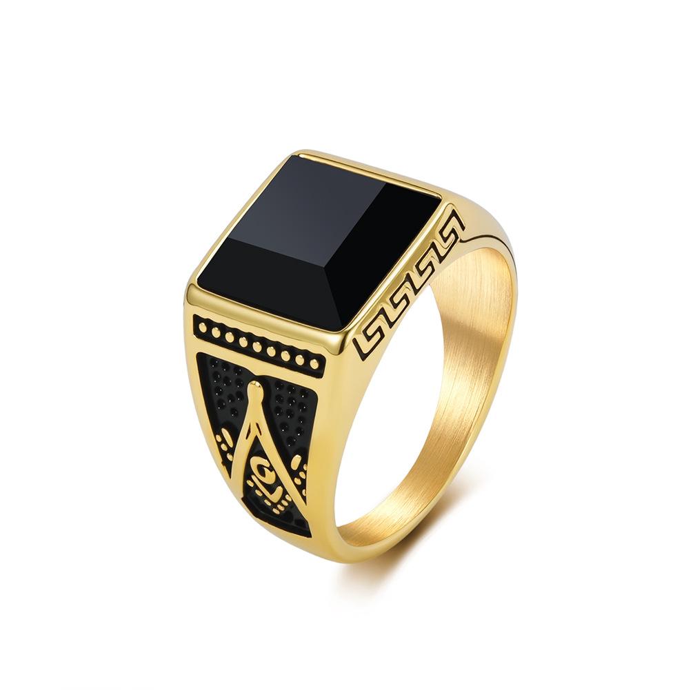 Retro Trend Titanium Steel Imitation Black Gem AG Freemason Spiral Pattern Ring for Men