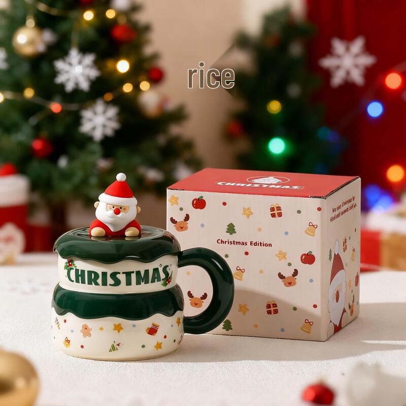 Christmas Ceramic Mug Set with Lid and Figurine