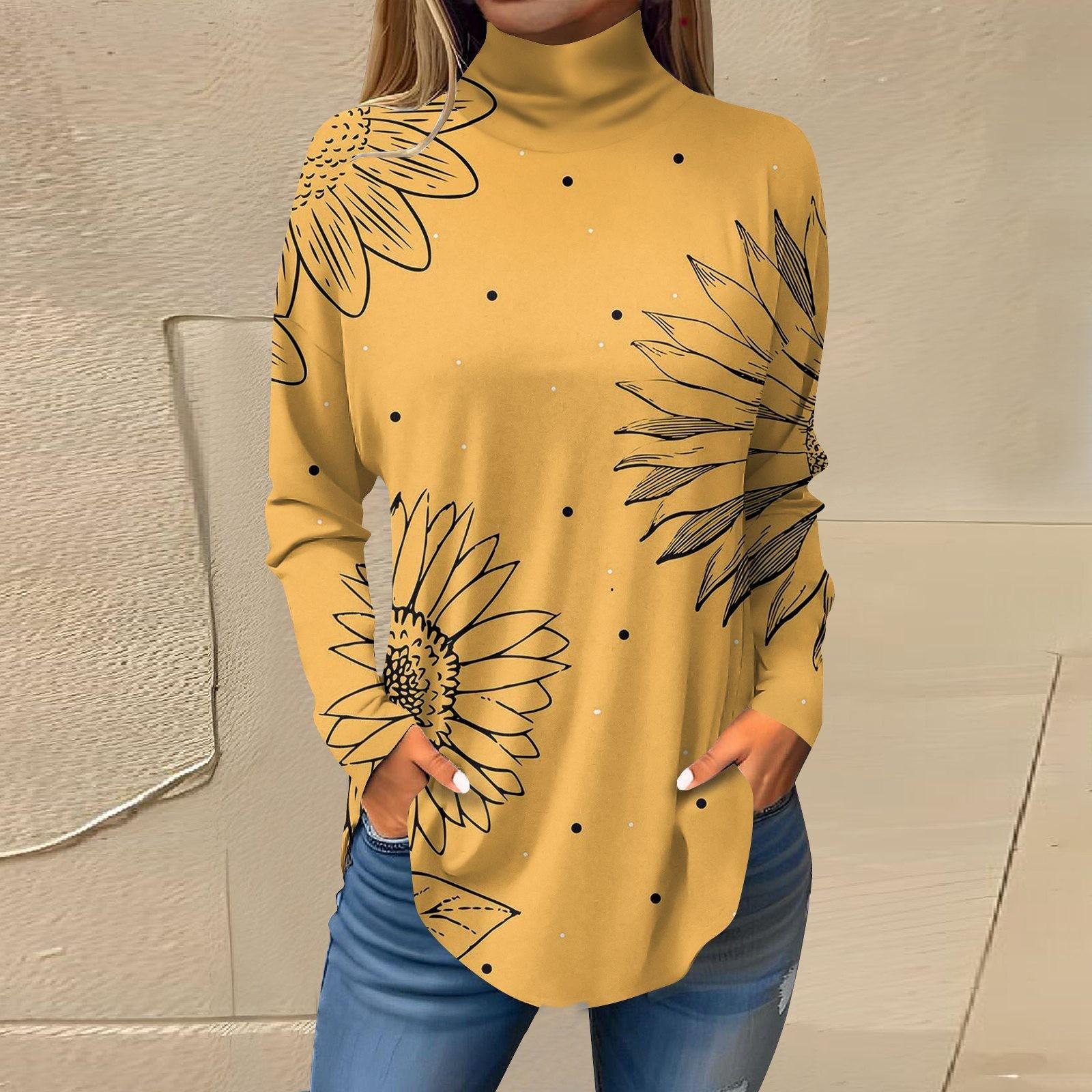 

Женская свободная футболка с высоким воротом и длинными рукавами с цветочным принтом в стиле ретро, топ-пуловер XXXL жёлтый