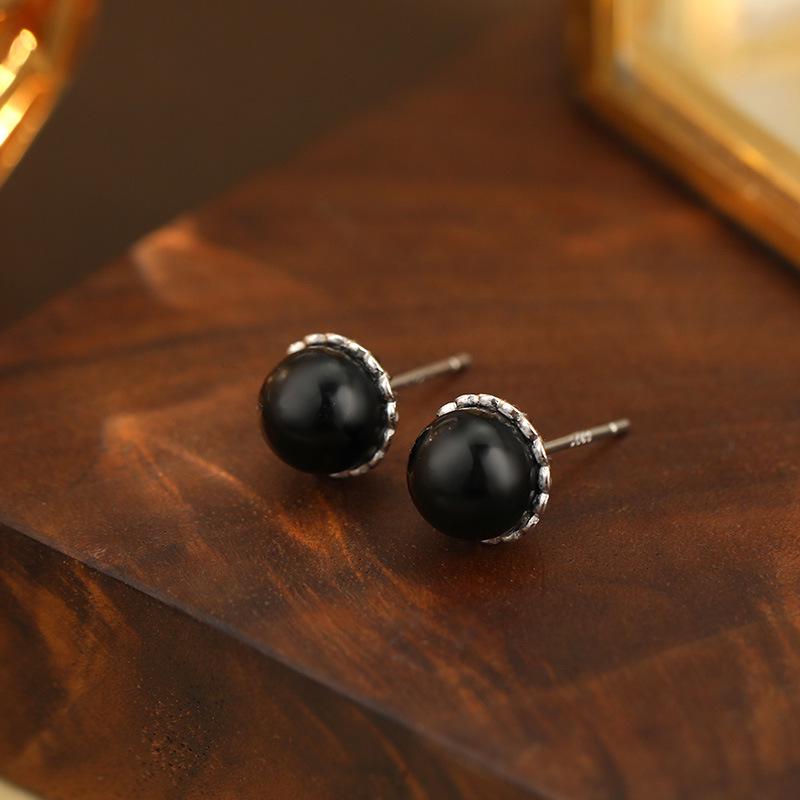 Banyan Tree S925 Silver Chinese Agate Earrings – Retro, Elegant, and Simple Design for Women