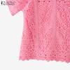 ZANZEA Women Casual Round Neck Summer Short Sleeve Patchwork Crochet Blouse