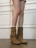 Cowhide Version~ Temperament Spice Girls Niche Trousers Boots Women's Belt Buckle High Heel Pointed Rivet Small Short Boots Slim Single Boots