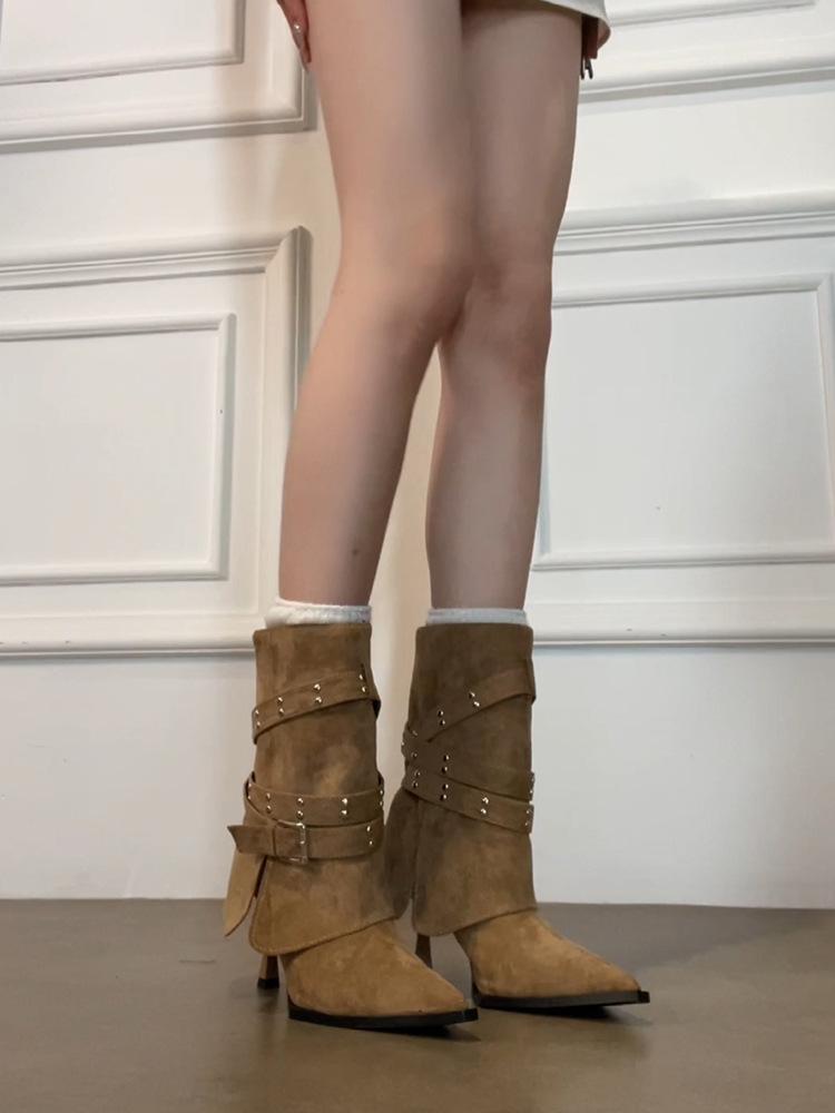Cowhide Version~ Temperament Spice Girls Niche Trousers Boots Women's Belt Buckle High Heel Pointed Rivet Small Short Boots Slim Single Boots