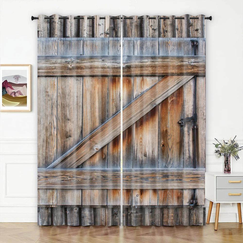 Retro Wooden Door Texture Vintage Barn for Bedchamber Livingroom Space Kitchen Windowpane Drape Contemporary Household Space Decoration 2 Panels