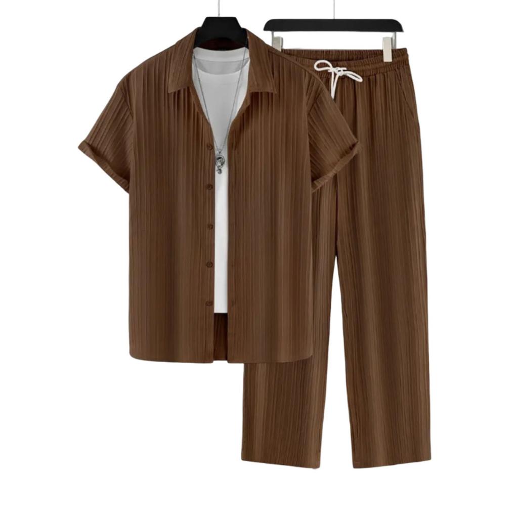 Yousheng 2 Buc/Set Ținută Casual pentru Bărbați Rever Mânecă Scurtă Cămașă la Un Rând Pantaloni Lungi cu Talie Elastică Set Ținută Culoare Solidă