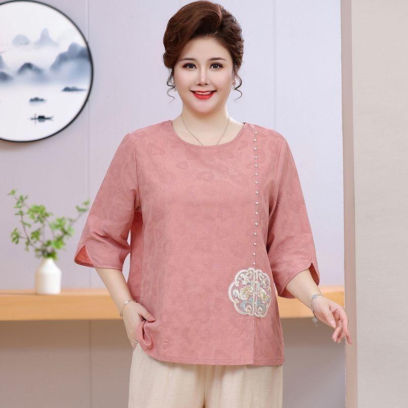 Summer Dress with Three-quarter Sleeves Plus Fat for Middle-aged and Elderly People New Chinese Style National Style Embroidery