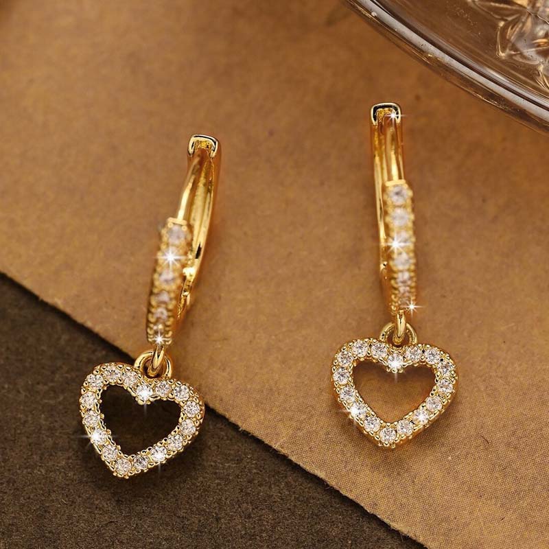 Luxury Crystal Zircon Heart Pendant Earrings For Women Fashion Gold Color Hollow Circle Geometric Ear Buckle Wedding Jewelry