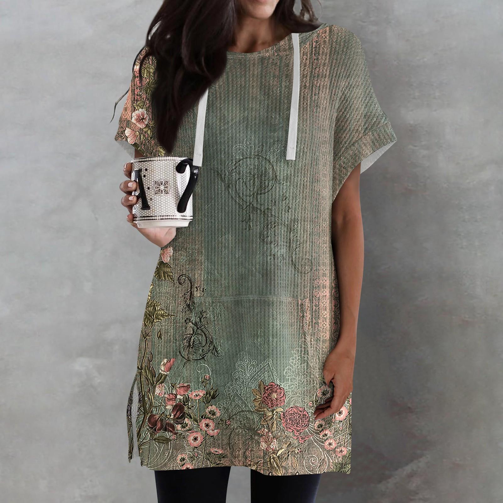 Женские свободные рубашки с принтом, толстовки с короткими рукавами и шнурком, вязаная туника с боковыми разрезами, топы с капюшоном и карманом L