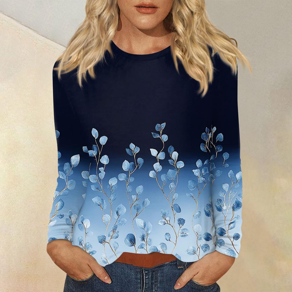 Women's Fashion Casual Round Neck Long Sleeve Printed T-shirt Top