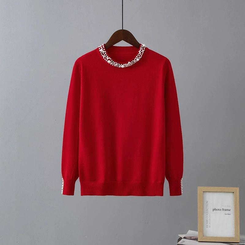 Spring and Autumn New Bead Crew Neck Knitted Sweater Slim-fit Versatile Bottom Sweater Top Women's