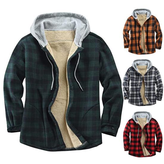 Winter Men Jacket Plaid Buttoned Coldproof Loose Plush Lining Hooded Jacket Outwear
