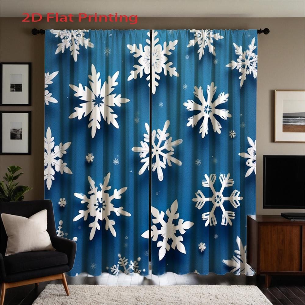 Set Of 2 Flat Printing Curtains Blue Background Snowflake Pattern Winter Christmas Home Decor Curtain Made Polyester With Rod Pocket