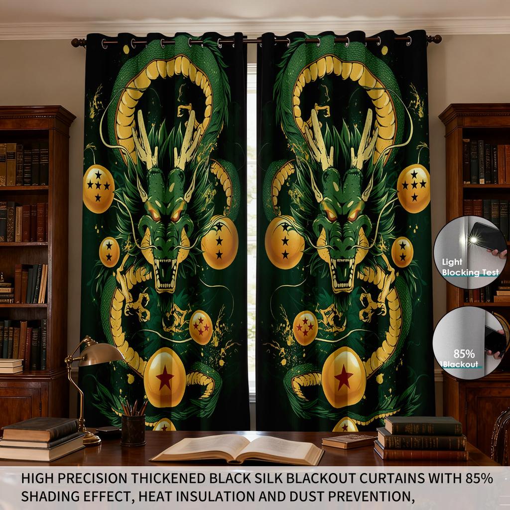 Set Of 2 Cartoon Green Dragon Animal Print Perforated Curtains Available Multiple Sizes Living Room Insulation Decoration Curtain Darkening For