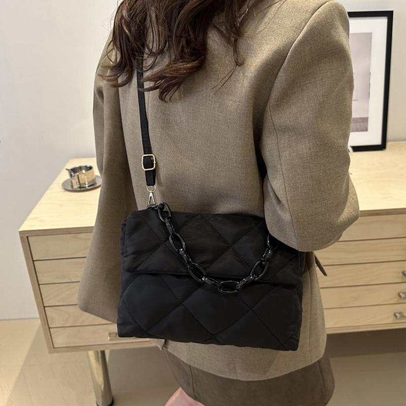 Geantă de mână matlasată de iarnă, căptușită cu bumbac, pentru femei, cu lanț, model rombic, designer, geantă din puf de pene, poșetă, genți tote de umăr pentru doamne