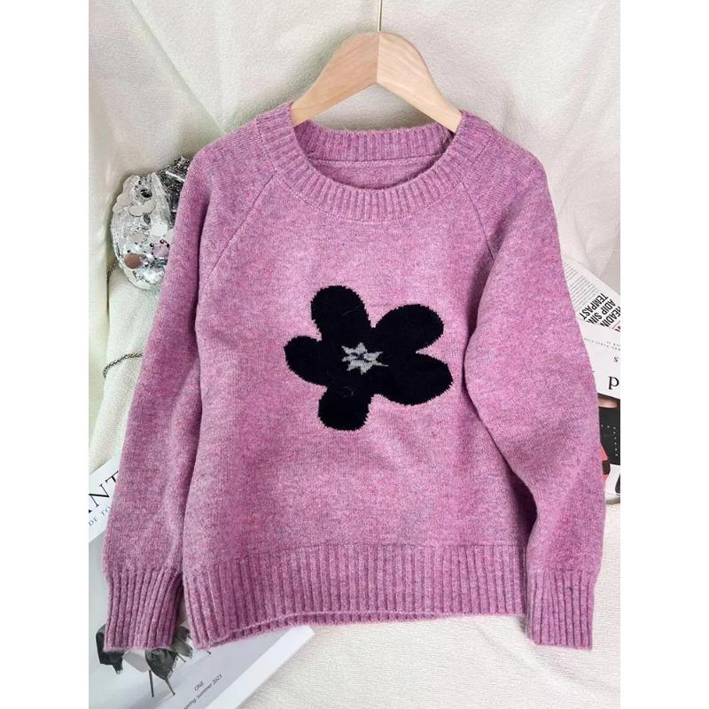 Streamgirl Winter Gray Sweater Flower Women Loose Knit Pullovers Purple Knitwear Vintage Warm Flower