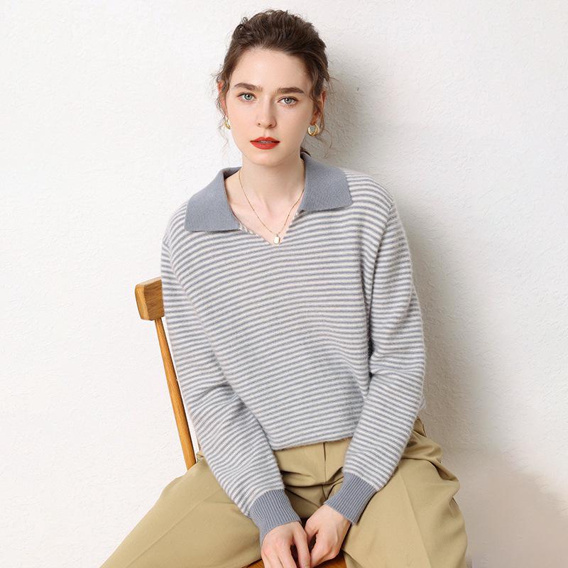 Women's Color-Block Lapel Knit Sweater: Loose Long Sleeve Stripe Base Layer for Autumn/Winter