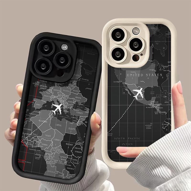 Monochrome Weltkarte Reise Flugzeugroute Kunst Handyhülle für iPhone 17 16 15 14 13 12 11 Serie Pro Max