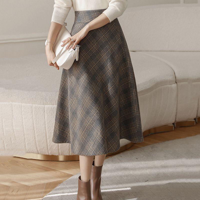 

Шерстяная клетчатая миди-юбка А-силуэта с высокой талией для женщин - Осень/Зима Small светло-серый