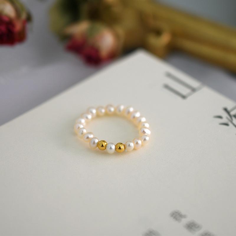 French Freshwater Pearl Copper Bead Stretch Ring Women 14K Gold Silver Plated Finger Band
