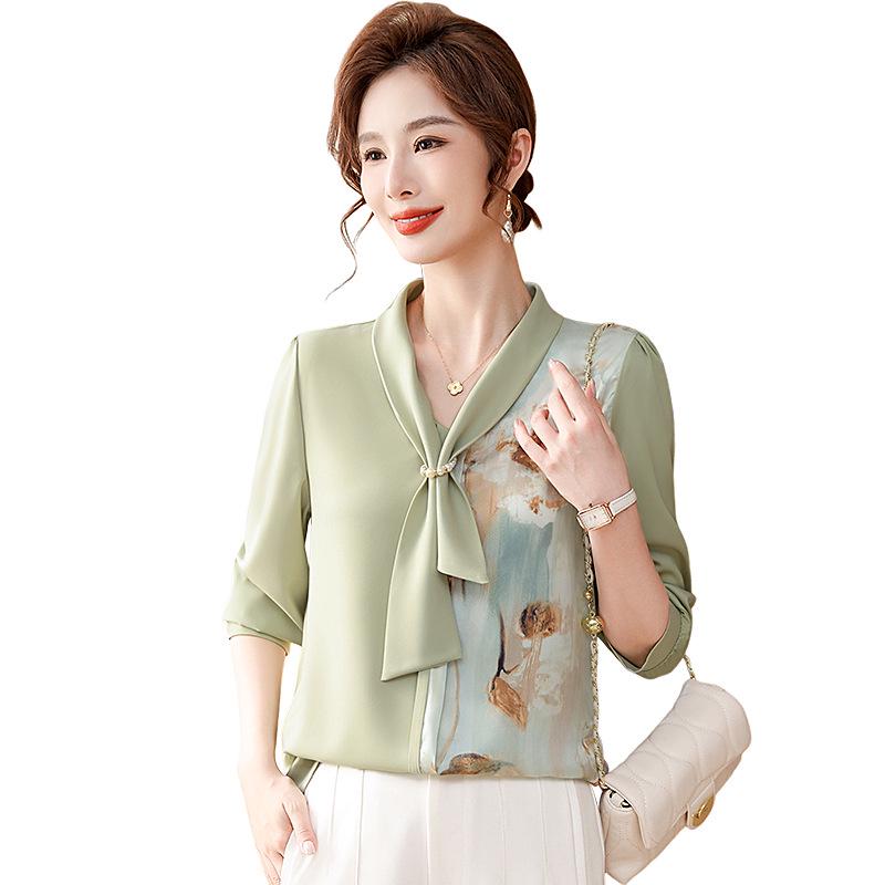 Fashionable Spring V-Neck Tie Shirt for Middle-Aged Women, Long-Sleeve Printed Top
