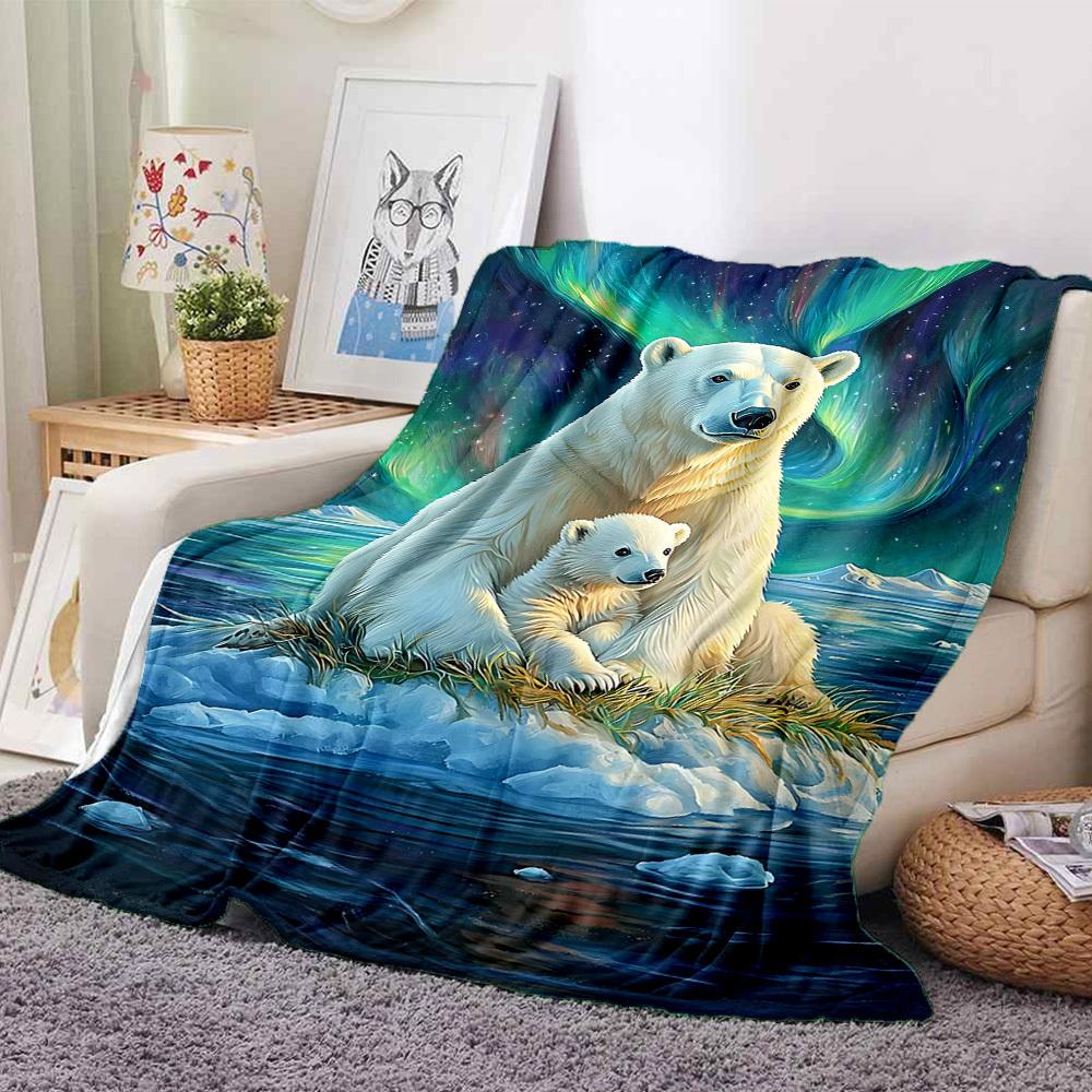 1pc Polar Bears Aurora Blanket, Lightweight Flannel Throw Blanket For Sofa, Bed, Travel, Camping, Living Room, Office, Couch, Chair, And Bed