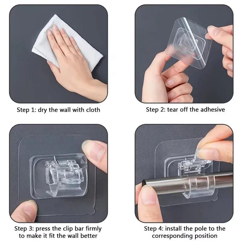 Curtain Rod Holder Hooks Adjustable Self Adhesive Holder Clamp Rotatable Rail Bracket Hook Rod Bracket for Home Kitchen Bathroom
