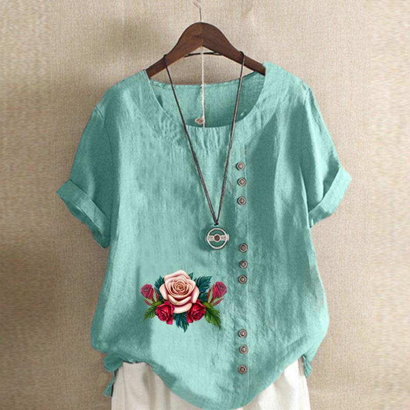 Women's Fashion Flowers Prined Short Sleeve T-shirt Loose Cotton Shirt Casual Loose Summer Blouse Tops Plus Size