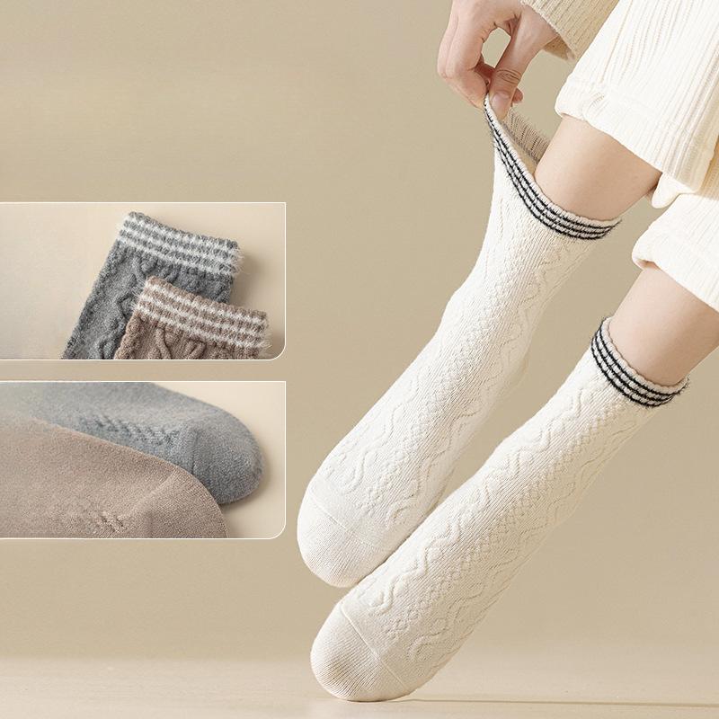 Wool Socks, Women's Linen Patterned Mid-calf Socks, Thick and Warm Cashmere Long Calf Socks for Autumn and Winter, Versatile Socks