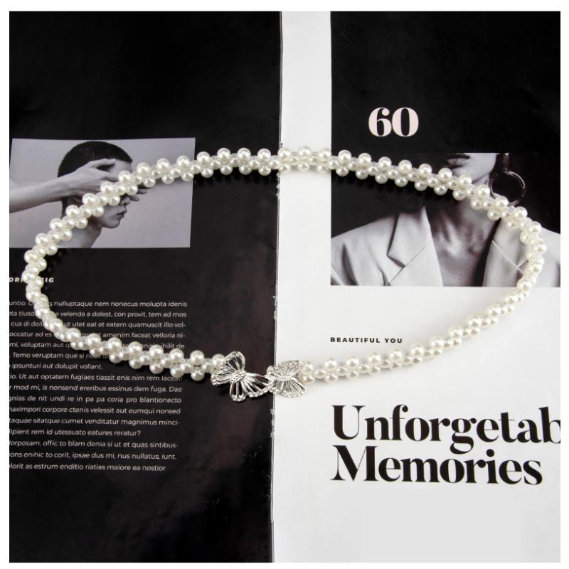 Pearl Waist Chain - Women's Double Butterfly Buckle Elastic Slim Belt