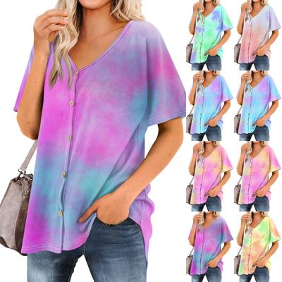 Tricou de damă Tricou cu imprimeu Cămăși de damă cu decolteu în V mâneci scurte tunică cu nasturi Topuri Bluză