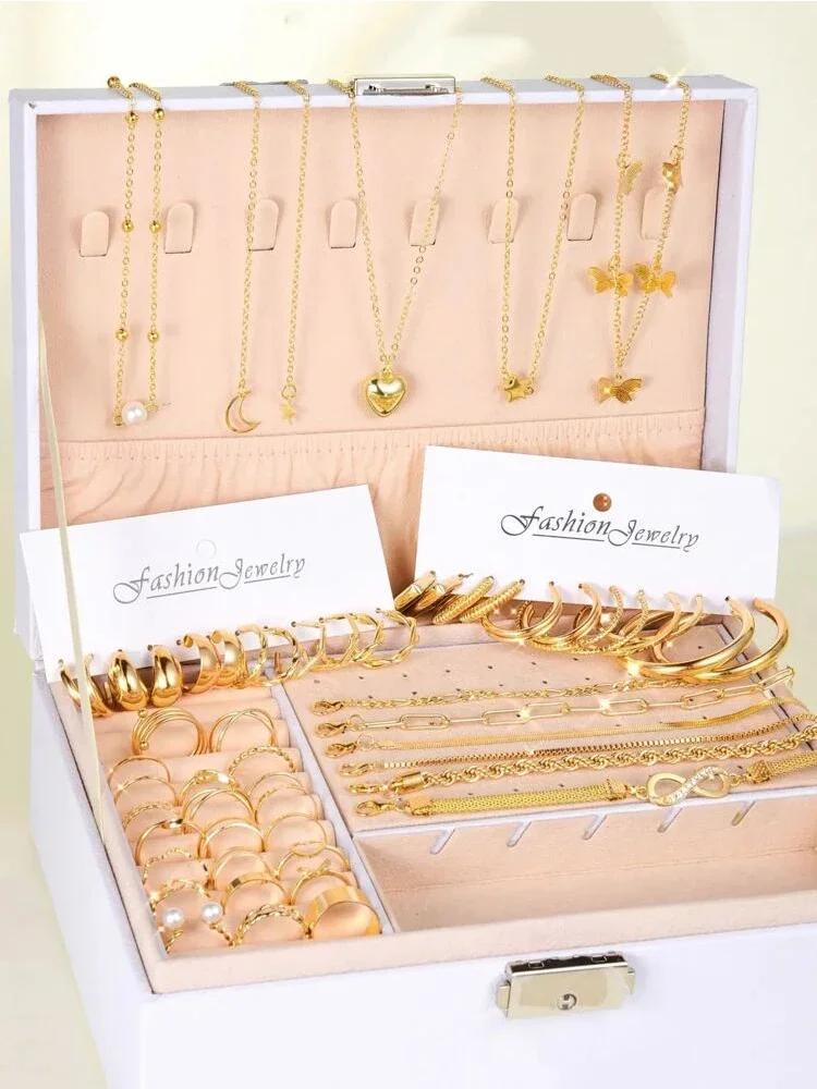 

New 57 Pcs/Set Fashion Jewelry Sets For Women Metal Wide Face Earrings Necklaces Bracelets Ankles Rings Combinations Set Jewelry