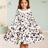 Girls White Leopard Printed Furry Collar Long Sleeve Bow Waist A Line Flared Dress