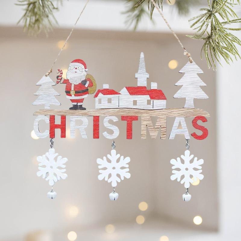 Christmas wooden letter decorations, Santa Claus snowman reindeer snowflake bell pendants, holiday door and window decorations