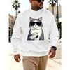 Men'S Graphic Print Crew Neck Sweatshirt With Cat In Glasses Holding Coffee Cup, Loose Fit, For Streetwear And Outdoor Wear.