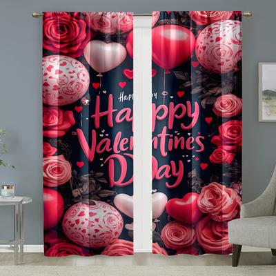 2pcs Romantic Valentine's Day Rose & Balloon Curtains, Perfect for Festive Window Decor, Sweet Home Bedroom Living Room Decor