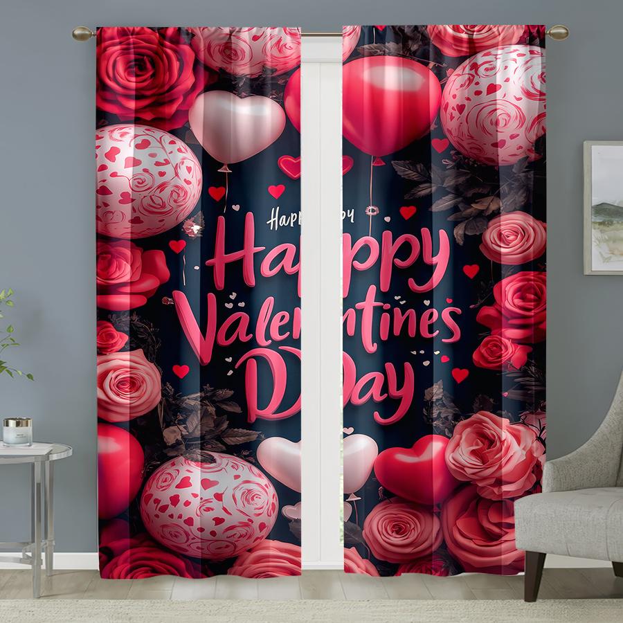 

2pcs Romantic Valentine s Day Rose & Balloon Curtains, Perfect for Festive Window Decor, Sweet Home Bedroom Living Room Decor 24x59in(60x150CM)x2&Rod Pocket