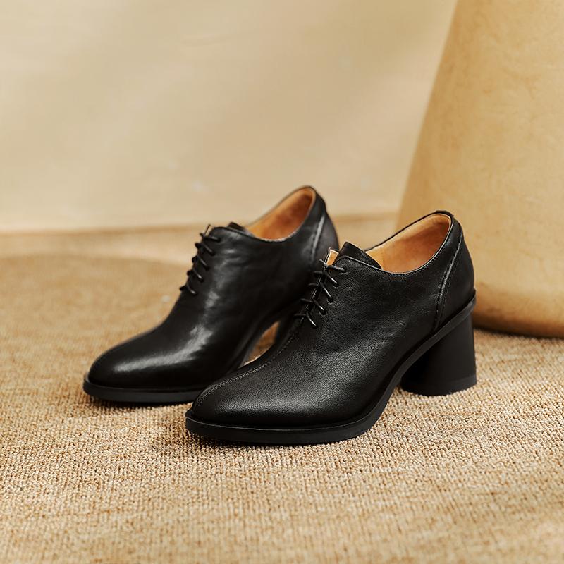 Fashion 2025 New Autumn Women Shoes Round Toe High Heels Genuine Leather Chunky Heel Women Pumps Retro Lace Up Black Shoes for Women