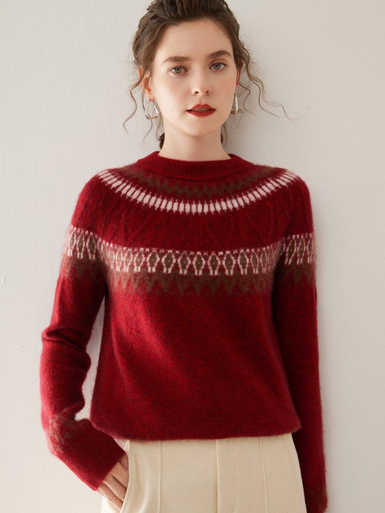 Women's Fair Isle Jacquard Cashmere Sweater: Unique Color Block, Round Neck, Loose Fit, Thickened Knitwear for Autumn/Winter.