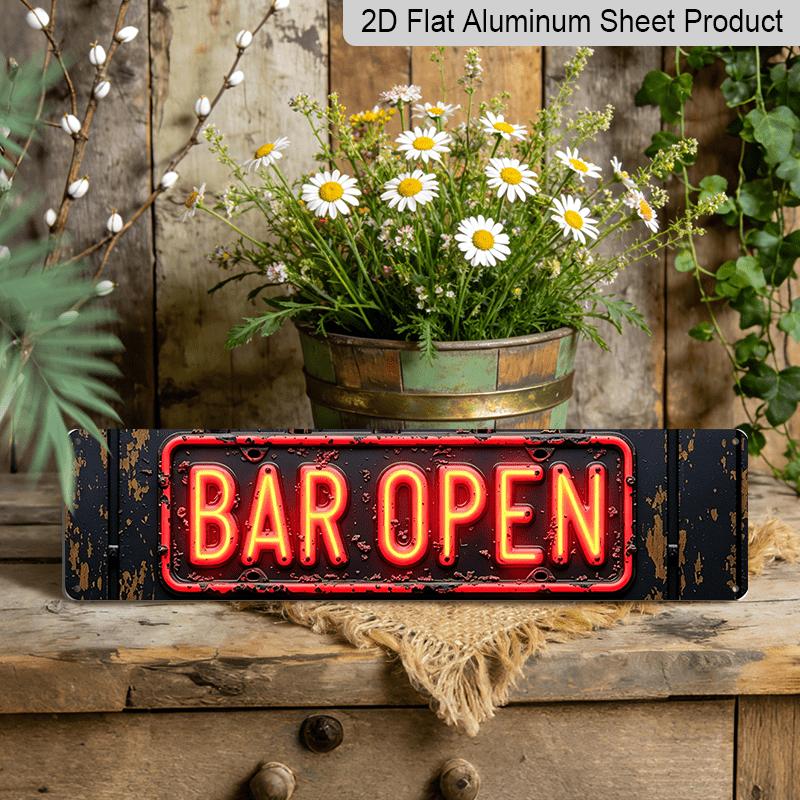 2D Flach, Neonschild Vintage Aluminium Dekoschild Mit beleuchteter Bar Offen Textmustern Geeignet für Bars Restaurants Lounges und