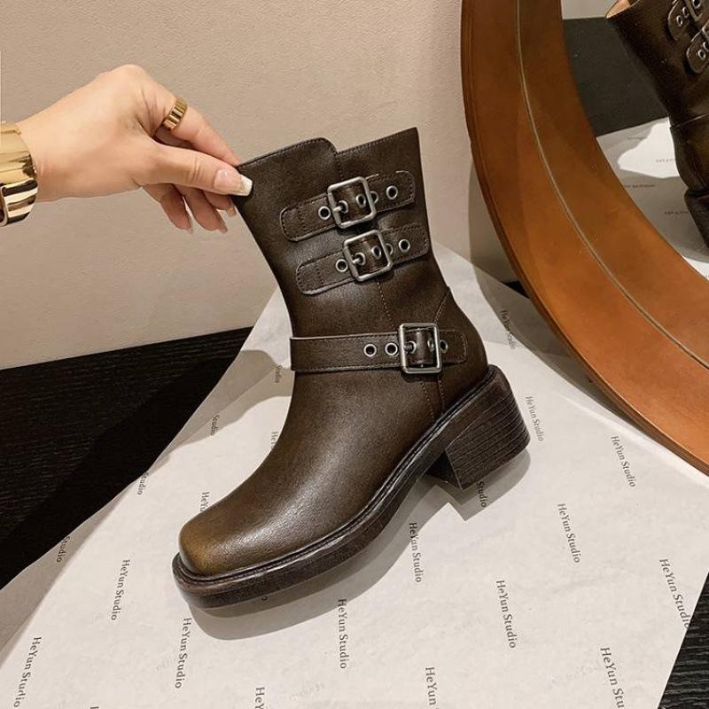 New Women's Leather Boots Leather Sleeve Low Boots Cowhide Thick-soled Non-slip Medium Heel Martin Boots Autumn and Winter Large Size Boots
