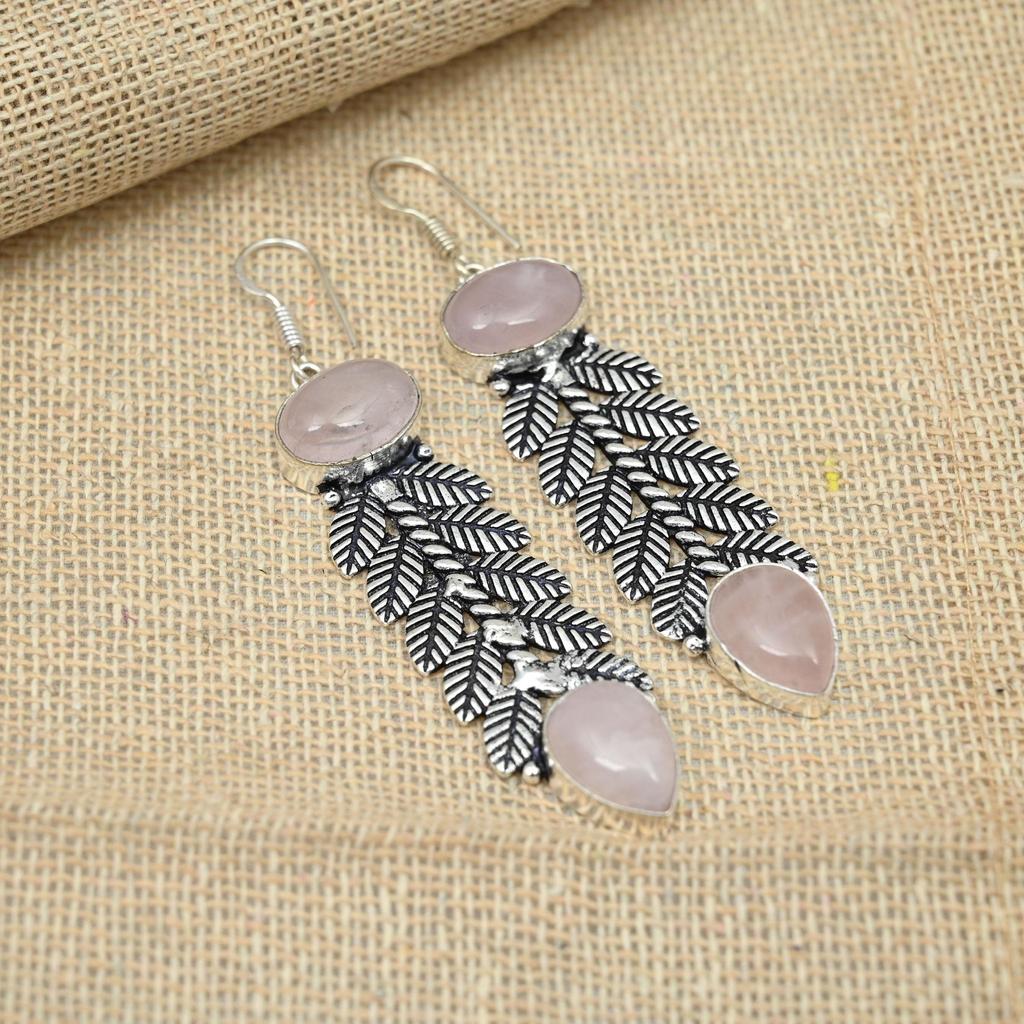 Rose Quartz Gemstone Solid 925 Sterling Silver Jewelry Wonderful Earrings For Gifts