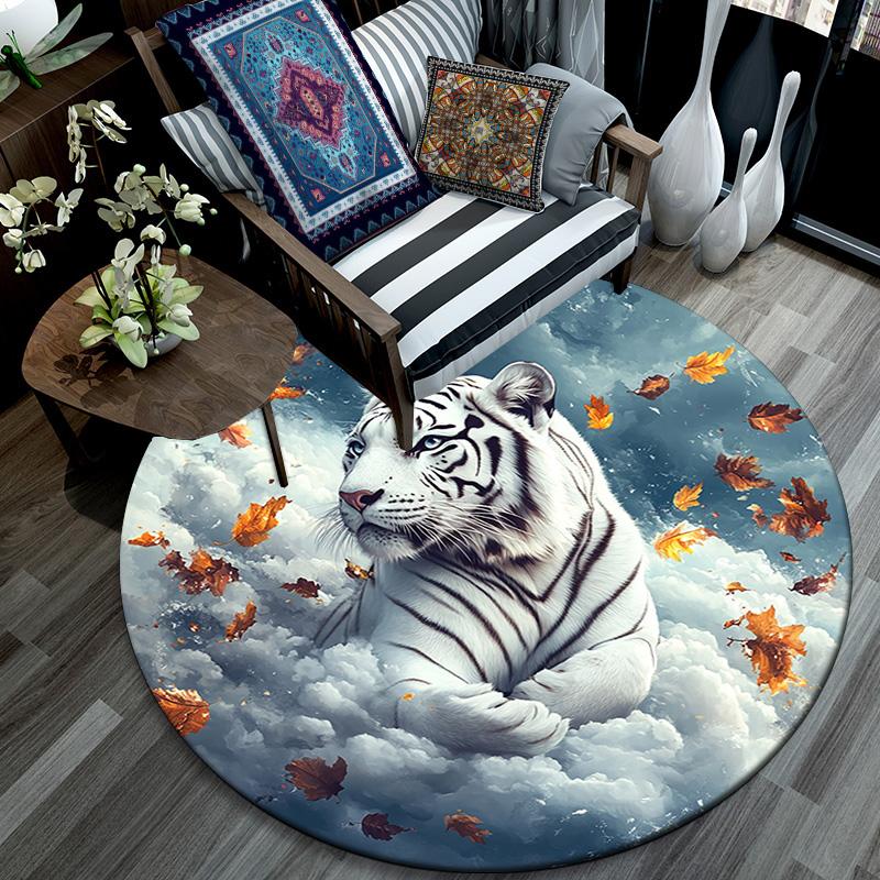 White Tiger with Falling Leaves Round Area Rug,Carpet Rug for Living Room Bedroom Sofa Playroom Decor,Non-slip Floor Mat